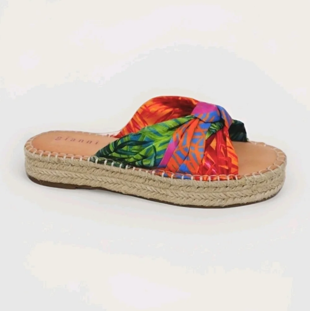Gianni Bini Tropical Print Knotted Espadrille Platform Slide Sandals US 6 Resort